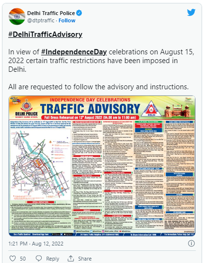 Delhi Police Traffic Advisory 2022